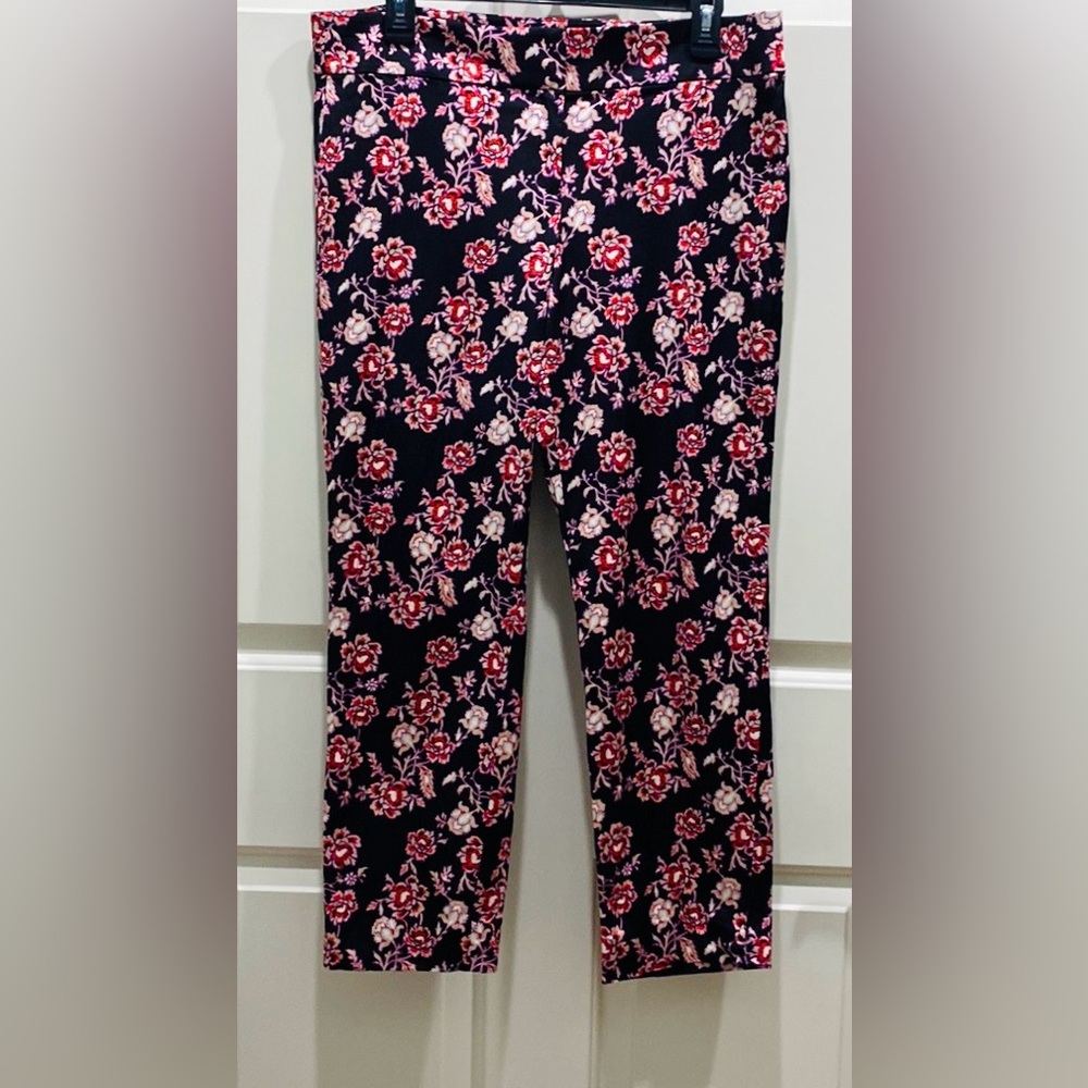 Ann Taylor Black Purple Floral 10 Modern Regency Elegant Sateen Ankle Crop Pant